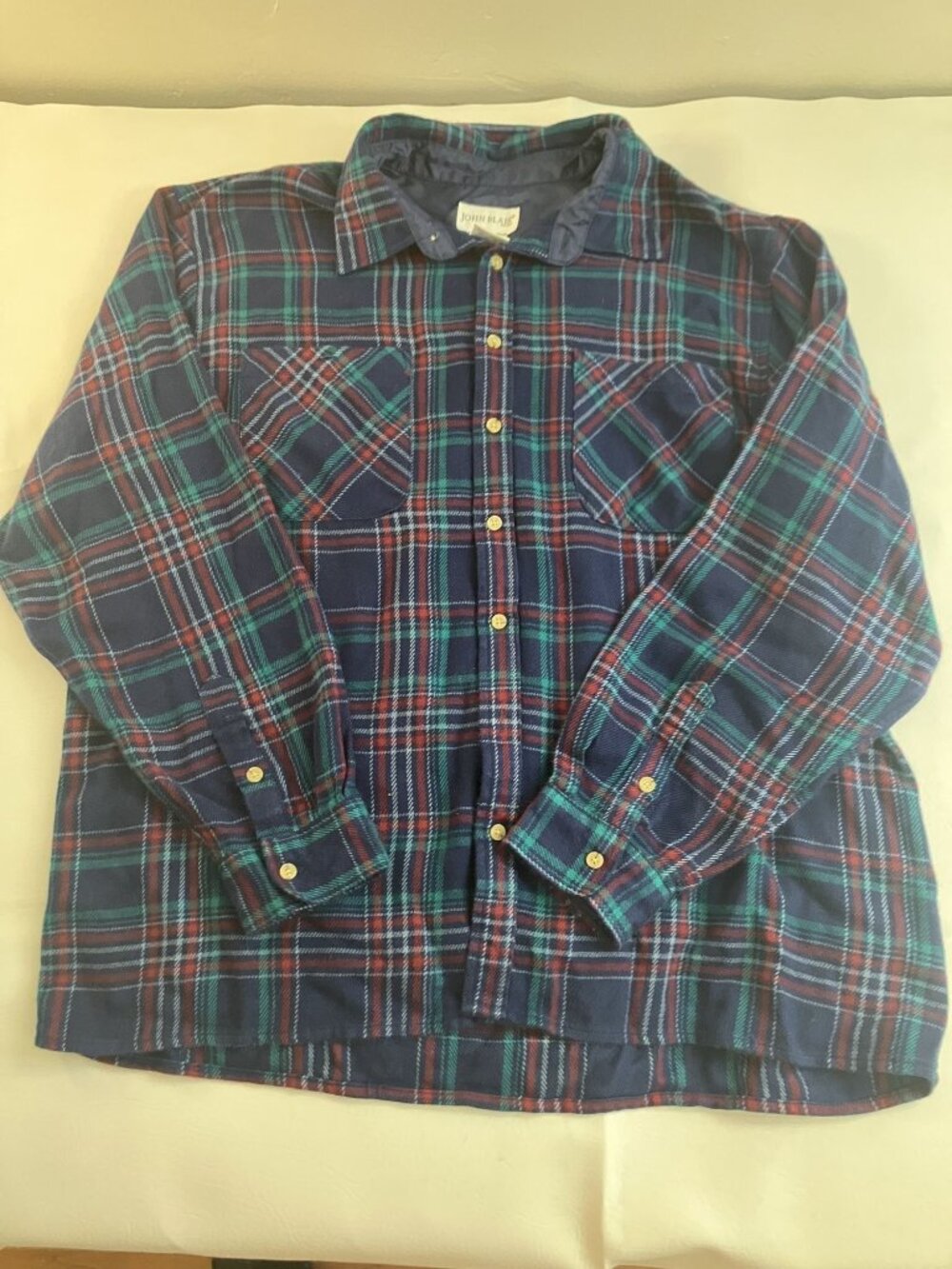 John Blair Mens XL Plaid Button-Up Shirt Navy Red Green Acrylic Polyester